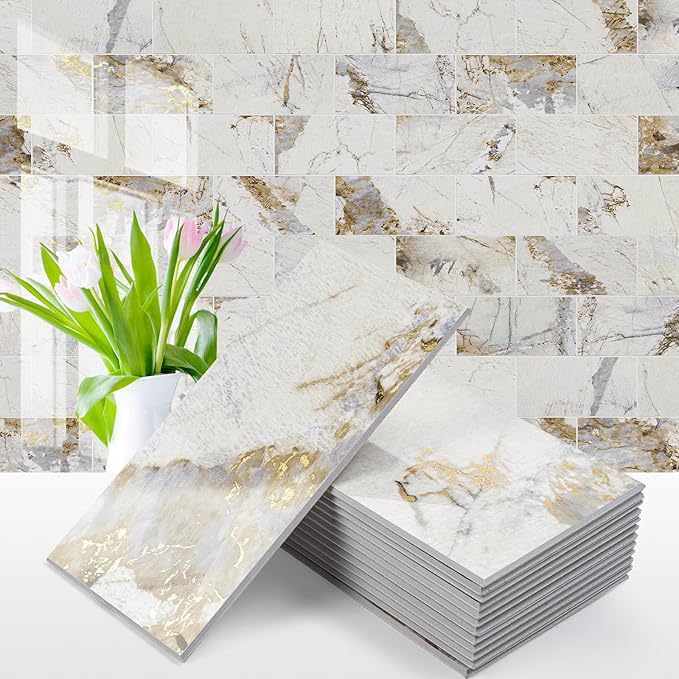 Vamos Tile 4-Piece Peel and Stick Backsplash Seamless Tile,3''x6'' Glossy Pandora Marble with Gold Veining PVC Subway Tile,Stick on Backsplash for Kitchen/Bathroom/Laundry Room