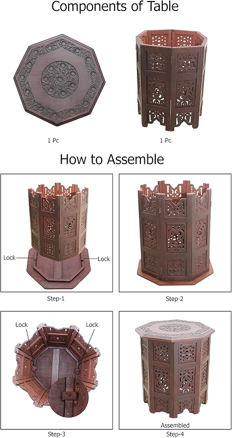 COTTON CRAFT Solid Wood Accent End Table - Hand Carved Vintage Boho Folding Side Table - Small Spaces Entryway Farmhouse Living Room Bedside - No Tools Assembly - 18x18 Octagon - Brown