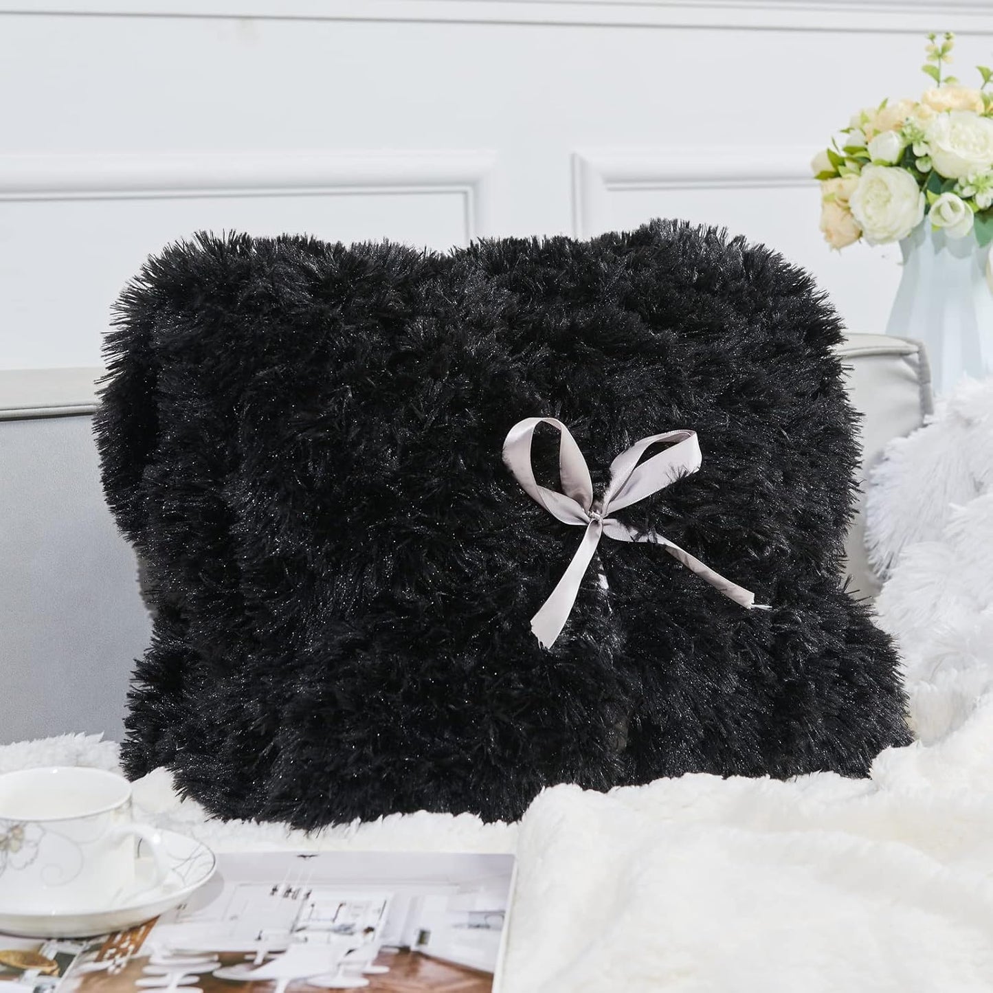 GONAAP Fuzzy Faux Fur Throw Blanket Queen Size Black Super Soft Cozy Plush Fuzzy Shaggy Blanket for Couch Sofa Bed (Black, Queen(90"x90"))