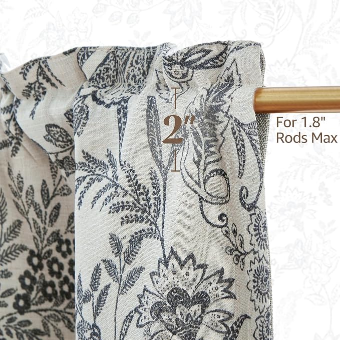 jinchan Linen Valance Curtain Farmhouse Floral Printed Small Window Curtain for Kitchen Rustic Light Filtering Valance for Living Room Bedroom Bathroom 18 Inch Rod Pocket 1 Panel Black on Beige