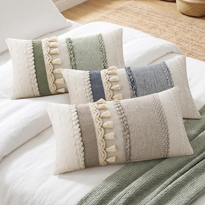 Kevin Textile 12x20 Inch Lumbar Throw Pillow Cover 1 Pack Boho Decorative Cotton Thread Woven Textured Tassel Rustic Farmhouse Rectangle Cushion Cover for Couch Sofa Chair Bed, Green