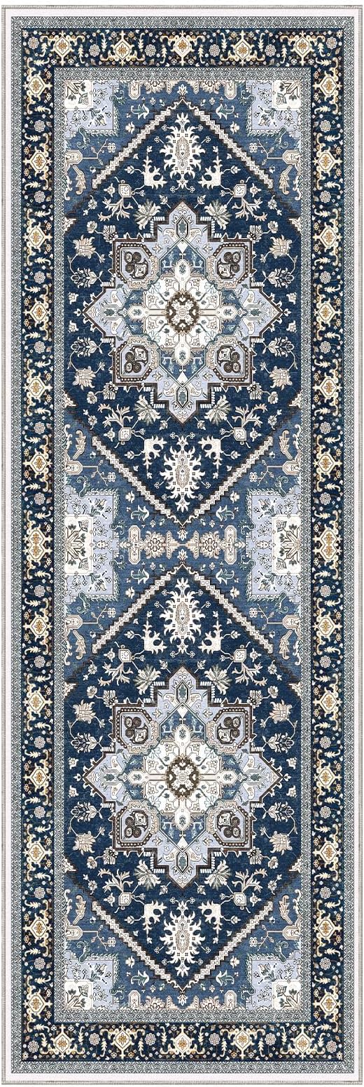 OPPODREAM Soft Entryway Rug 2x6, 2x6 Rug Runner, Washable Hallways Carpet 2 x 6 with Non Slip Backing, Low-Pile Bedside Carpet 2 x 6, Long, Faux Cashmere, Navy Blue & Gold