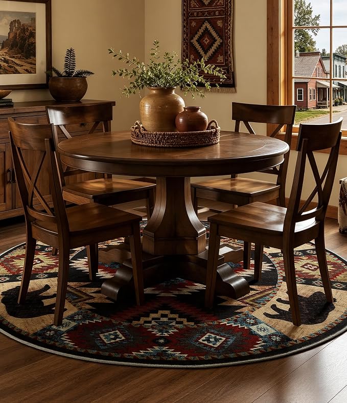 YIHOUSE Southwestern Round Rug 6ft, Low Pile Soft Circle Area Rug with Non-Slip Backing, Western Rustic Washable Rugs for Living Room, Bedroom
