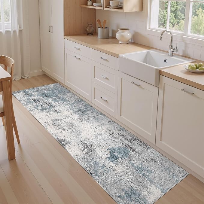 Abstract 3x8 Runner Rug: Machine Washable Non Slip Ultra Thin Low-Pile Carpet, Soft Stain Resistant for Hallway Kitchen Bathroom, Kid Pet Friendly, Robot Vacuum Compatible - Grey Blue