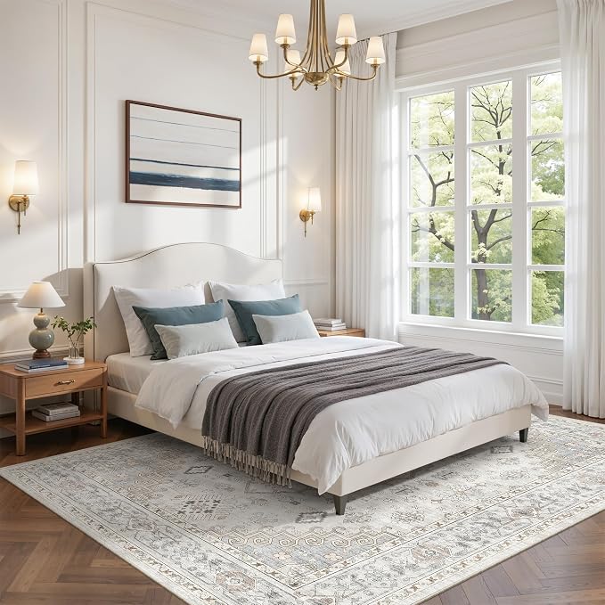 befbee 5x7 Area Rugs for Living Rooms, Stain Resistant Neutral Washable Rugs for Dining Rooms, Floral Vintage Non-Slip Thin Large Size Area Rug(Light Grey)