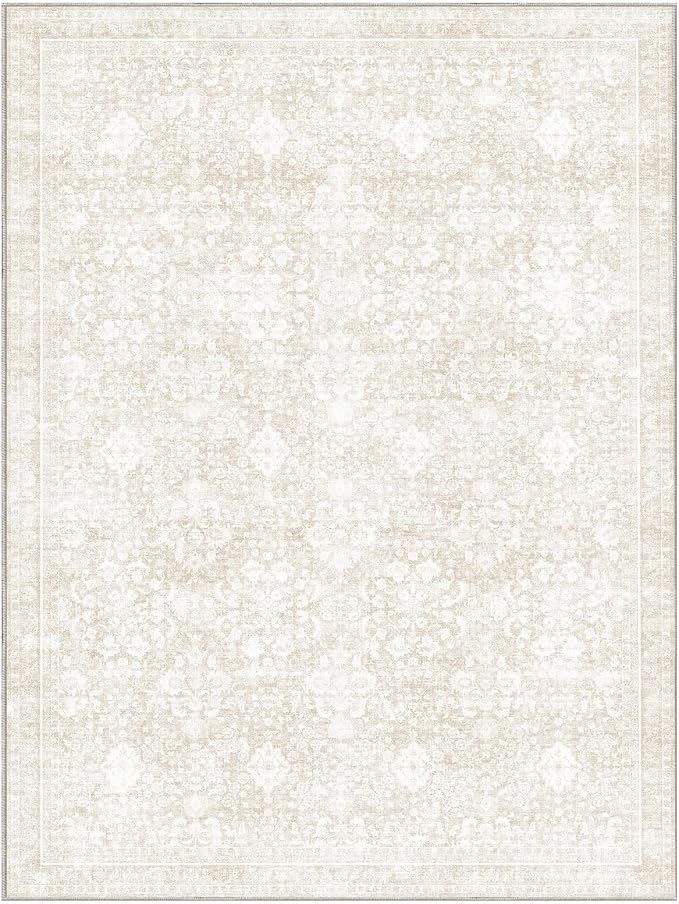 Sasttie 9x12 Area Rug, Ultra-Soft Washable Rug, Low Pile Foldable Thin Carpets with Non-Slip Backing, Skin-Friendly Stain Resistant Carpet for Living Room, Bedroom, Kitchen, Dorm, 9x12, Cream