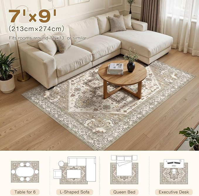 Area Rug for Living Room - 7x9 Washable Oriental Vintage Floral Large Soft Carpet - Fade Stain Resistant Non Slip Rugs for Bedroom Dining Room Nursery Dorm Office Home Decor - Beige Brown