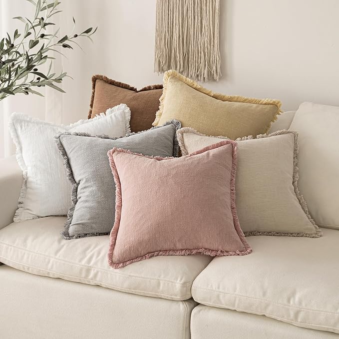 MIULEE Decorative Throw Pillow Covers Neutral Linen Fringe Throw Pillows Set of 2 White Boho Farmhouse Cushion Covers with Tassels for Couch Sofa Bed Living Room Spring Home Decor 20x20 Inch