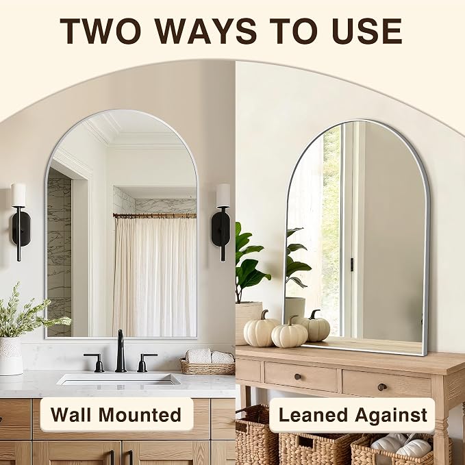 Bathroom Vanity Mirror for Wall, 32”x30” Arched Bathroom Mirror for Over Sink, Arched Metal Frame for Bedroom, Living Room, Entryway, Hanging or Leaning, Silver