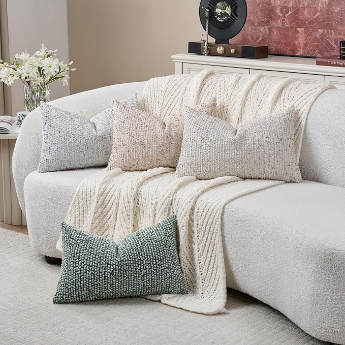 DEZENE Striped Throw Pillow Covers 12x20 Set of 2 Beige Textured Boucle Chic Morden Boho Accent Farmhouse Rectangular Lumbar Decorative Couch Pillow Covers for Home Decor Bed Sofa Living Room