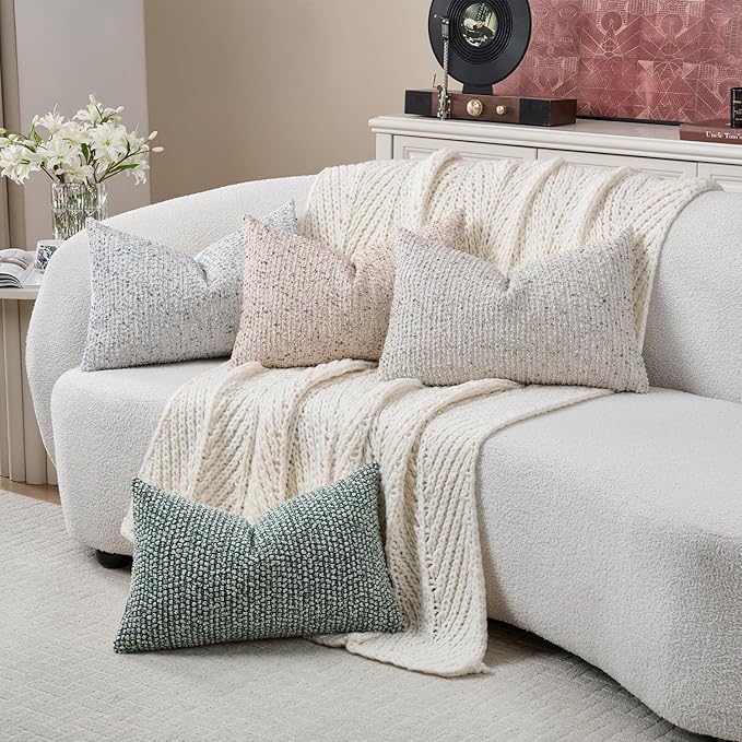 DEZENE Striped Throw Pillow Covers 12x20 Set of 2 Blue Textured Boucle Chic Morden Boho Accent Farmhouse Rectangular Lumbar Decorative Couch Pillow Covers for Home Decor Bed Sofa Living Room