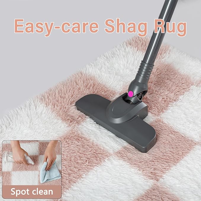 PureCozy Checkered Rug 5x7 for Living Room, Pink and White Modern Shag Rugs Super Soft Washable Indoor Office Fuzzy Carpet Non-Slip Fluffy Rugs for Bedroom Home Aesthetic Decor
