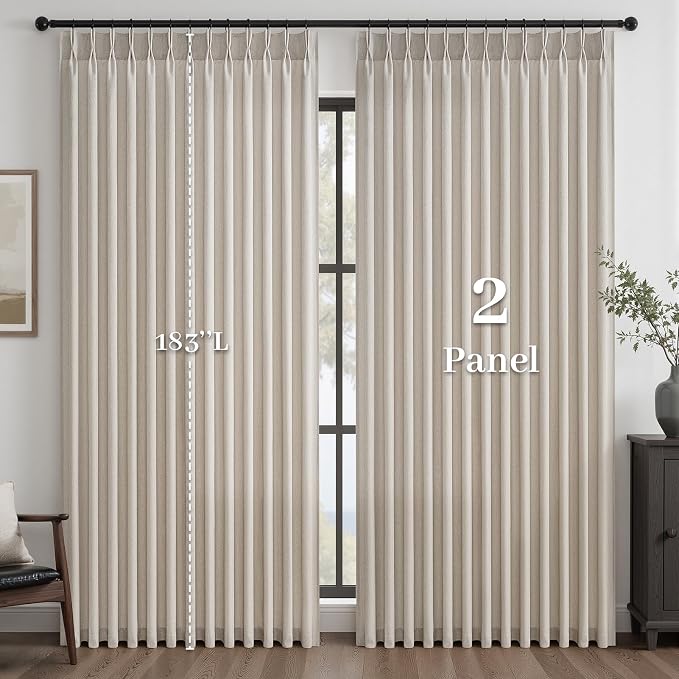 Pinch Pleated Curtains 90 Inches Long 2 Panels Set,Oatmeal Semi Sheer Cotton Blend Fabric Aesthetic Advanced Curtain Drapes for Living Room Bedroom,72x90 inch Length