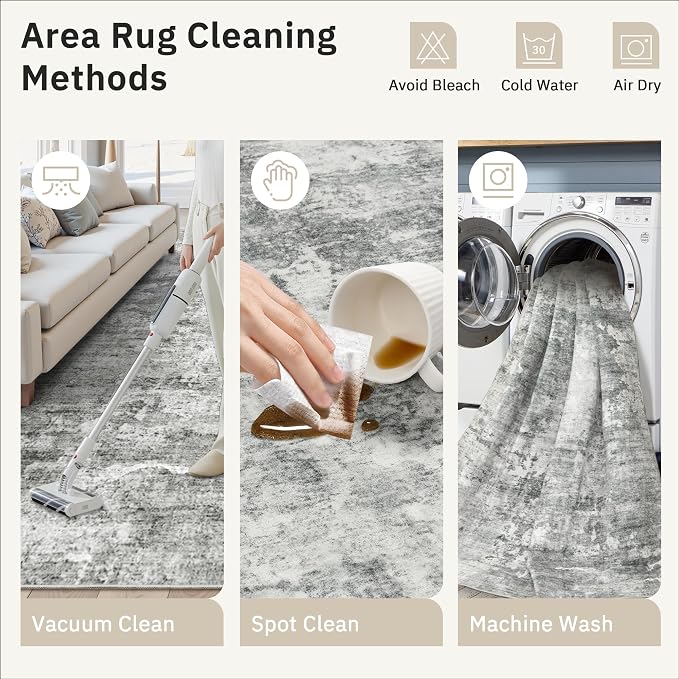 Soalmost Abstract Rug 5x7 Machine Washable Area Indoor Grey White Low Pile Non-Slip Foldable Thin Accent Rugs for Bedroom Living Room Dining Room