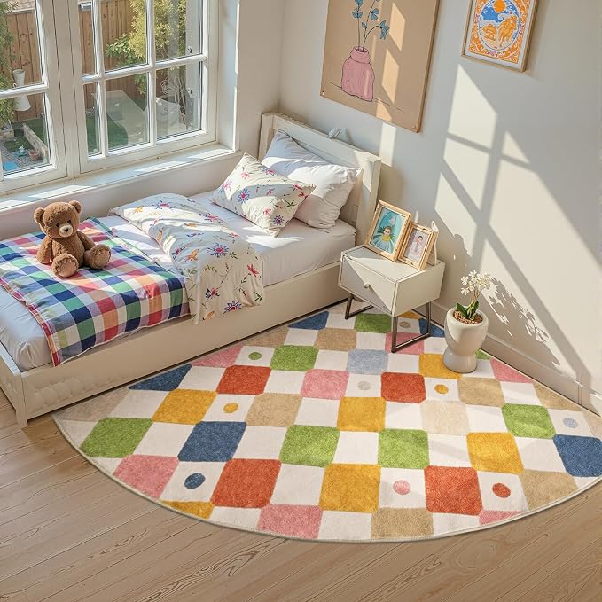 jinchan Macy Kids Rug for Nursery 6ft Radius Corner Washable Area Rug Modern Colorful Quarter Circle Rug Soft Non-Slip Carpet for Bedroom Playroom Daycare Reading Nook Classroom Circus on Cream