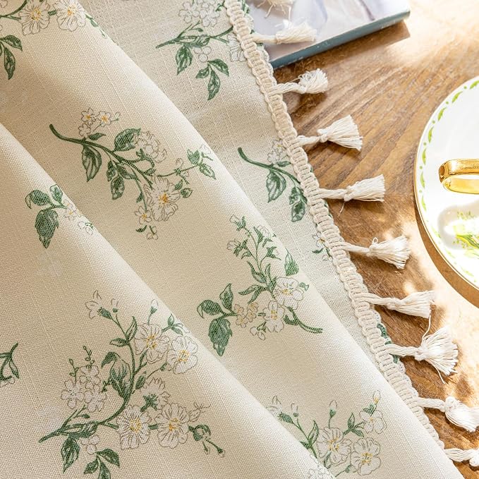 OYX Boho Floral Spring Semi Sheer Curtains 63 Inch Length 2 Panels, Linen Texture Farmhouse Light Filtering Curtains Beige Tassel for Bedroom Living Room Vintage Rustic Patterned Printed Rod Pocket