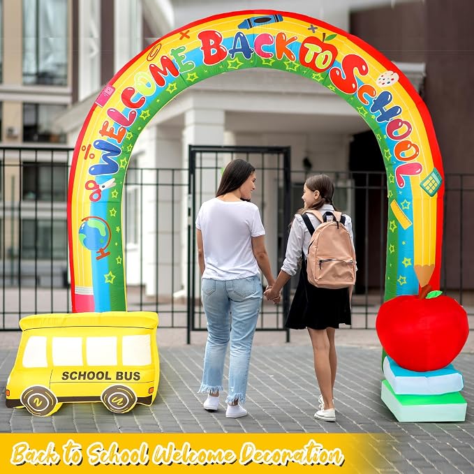 Shappy 9ft Welcome Back to School Inflatables Arch Decoration Outdoor 2026 with LED Lights for Blow up Archway First Day of School Party Lawn Yard Kindergarten Preschool Decor(Rainbow with Bus)