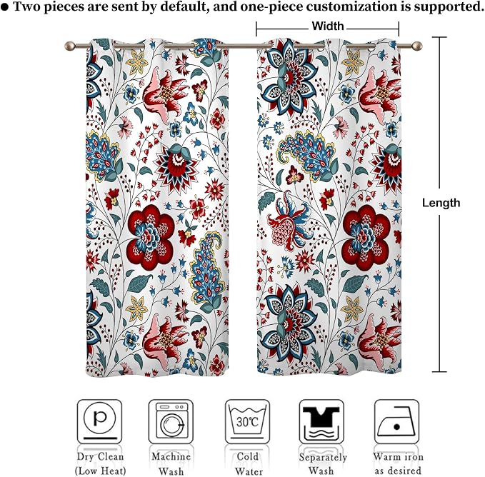 Renaiss Boho Floral Blackout Curtains, Bohemian Flower Plant Print Thermal Insulated Bedroom Window Curtains, Botanical Art Window Drapes for Living Room, 96" L x 42" W 2 Panel Set