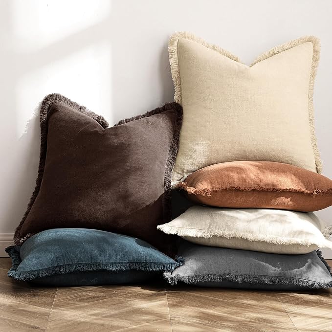 MIULEE Decorative Throw Pillow Covers Neutral Linen Fringe Throw Pillows Set of 2 Dark Brown Boho Farmhouse Cushion Covers with Tassels for Couch Sofa Bed Living Room Fall Decor 18x18 Inch