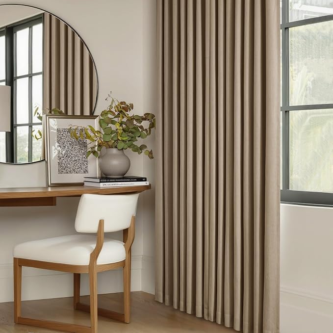 Light Brown Pinch Pleated 100% Blackout Linen Curtains for Bedroom 84 Inch Length Room Darkening with Liner Tan Coffee Window Curtains 84 Inches Long for Living Room Black Out Pleat Drapes Back Tab