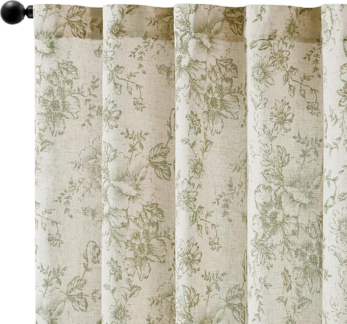 jinchan Linen Blend Floral Curtains for Living Room 90 Inch Length Farmhouse Printed Curtain Rod Pocket Back Tab Sage Green Peony Flower Patterned Drapes Bedroom Curtains Set 2 Panels