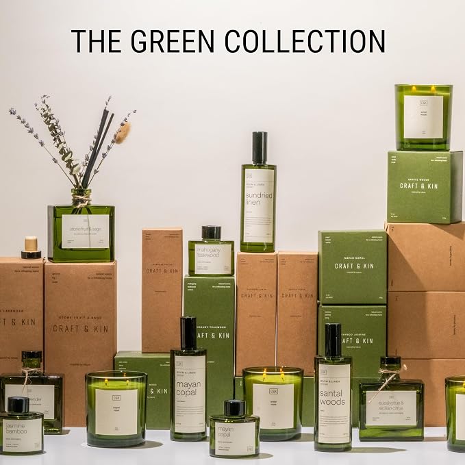 Craft & Kin Premium Mayan Copal Reed Diffuser – 3.4 oz Natural Essential Oil Diffuser for Home & Bathroom – Long-Lasting Fragrance with Rattan Scent Sticks – Green Glass Room Decor