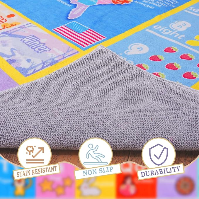 Kids Rugs for Playroom - Soft & Non-Slip 6x6 Feet Round Educational Rug for Learning ABC Alphabet, Numbers, Shapes & Map, Washable Classroom Rug for Bedroom Nursery & Kids Room Decor