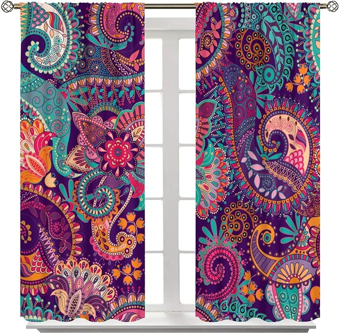 Vintage Bohemian Curtains, Indian Bohemian Mandala Colorful Pattern Blackout Thermal Curtains, Bedroom Living Room Curtains, 2 Panel Set, 42x63 in.