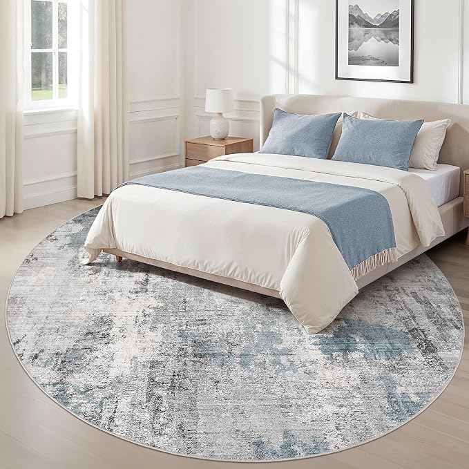 Abstract 9FT Round Rug: Machine Washable Non Slip Ultra Thin Low-Pile Carpet, Soft Stain Resistant for Living Dining Room Bedroom, Kid Pet Friendly, Robot Vacuum Compatible - Grey Blue