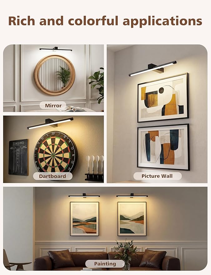 VOLISUN 15.7'' Picture Lights for Wall, 4000mAh Rechargable Picture Light Battery Operated, 3 Color Temperatures & Stepless Dimmable, 145LM Art Light for Paintings, Gallery, Portrait, 2 Pack (Black)