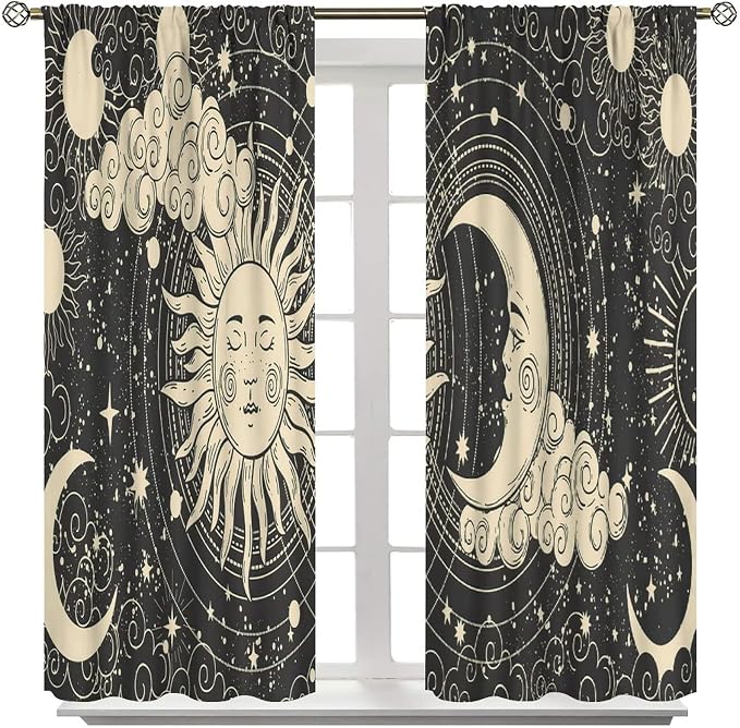 Bohemian Sun Moon Blackout Windows Curtains, Golden Sun Crescent Moon and Stars Vintage Cosmic Galaxy Printed Curtains, for Living Room Bedroom 42x54in 2 Panels