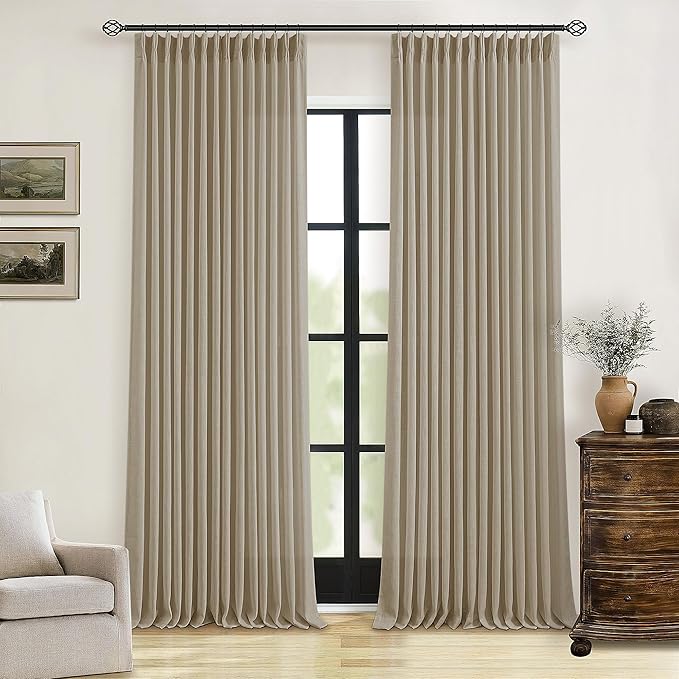 TWODRAPES Grey Beige Pinch Pleated Linen Curtains 92 Inches Long 2 Panels for Living Room Bedroom Memory Training Shaped Semi Sheer Pleat Drapes with Hooks Rings Light Filtering Window Curtain 40x92