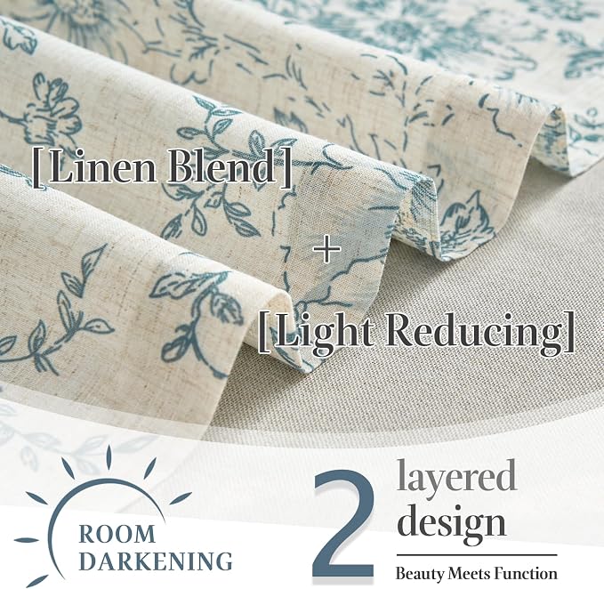 jinchan Linen Kitchen Curtain 36 Inch French Floral Double Layer Curtain Farmhouse Vintage Tier Drape Rustic Half Window Curtain for Living Room Window Treatment Rod Pocket 1 Panel Blue on Beige