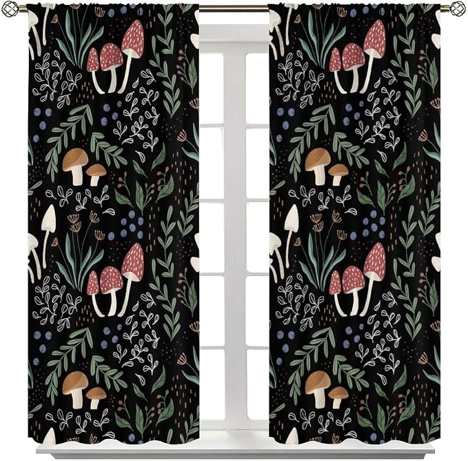 Mushroom Curtains, Cartoon Green Leaves Mushroom Wildflower Plant Botanical Boho Herb Nature Garden Print Blackout Window Drapes for Living Room Kids Bedroom 55x63in