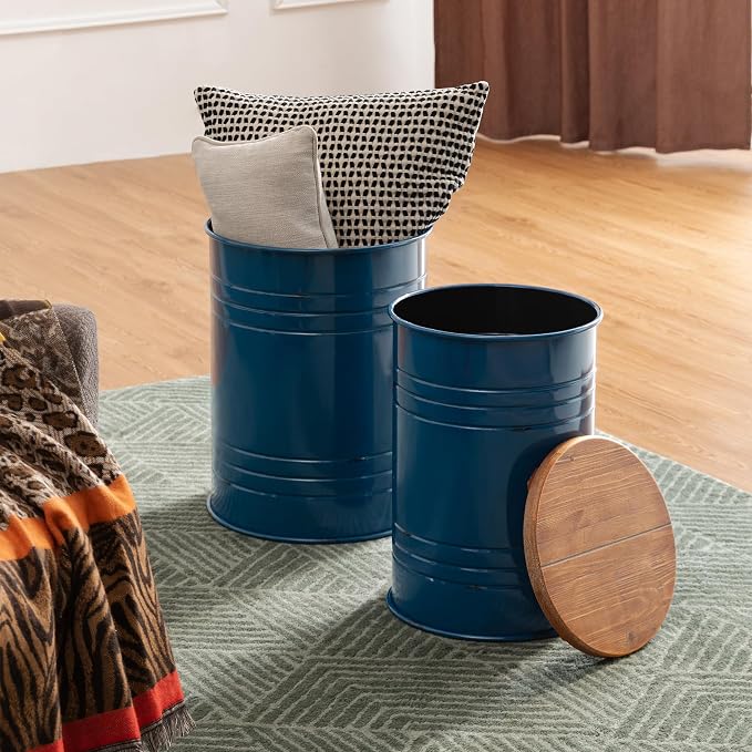 Glitzhome Rustic Storage Ottoman Seat Stool, Farmhouse Nesting End Table, Galvanized Barrel Metal Accent Side Table Toy Box Bin with Round Wood Lid for Living Room, Set of 2, Navy Blue