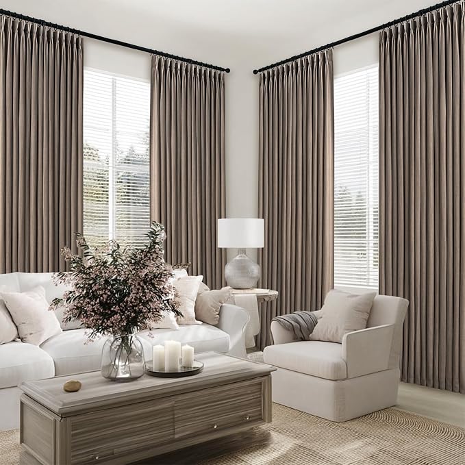 100 Inches Long Pleated Sheer Curtains,Dark Linen Blended Light Filtering Window Curtains 100 Length 2 Panels for Living Room Bedroom Pinch Pleat Drapes with Hooks 2 Panels 40" Wx100 L,Light Brown