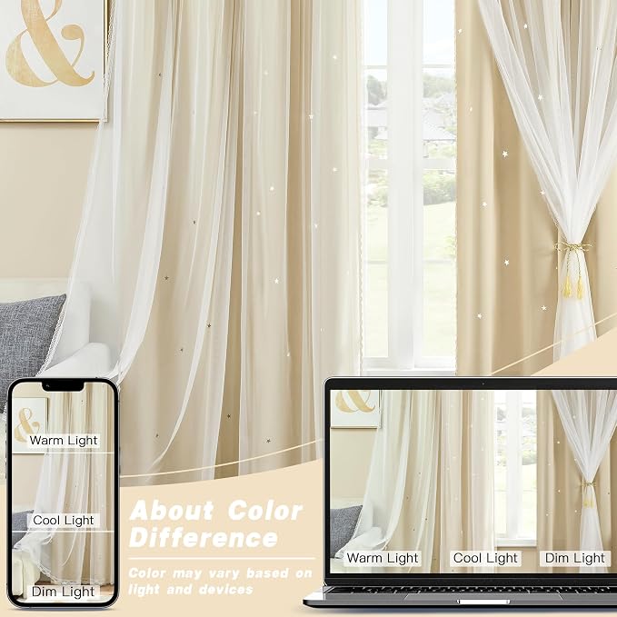 XiDi Beige Blackout Curtains for Bedroom 72 Inchs Long Room Darkening Double Layer Curtains Star Cut Out Design Grommet Drapes with Tiebacks for Girls Kids Living Room 34 x 72 Inches, Set of 2