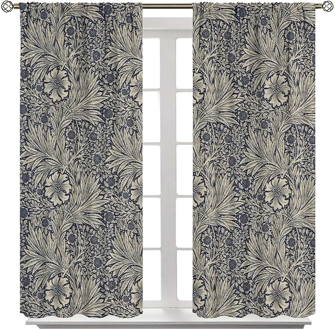 Boho Style William Morris Flower Retro Curtain, Rustic Farmhouse Abstract Flower Blackout Window Drapes, for Living Room Bedroom Kitchen 31.5(W)*63(L) 2 Panels