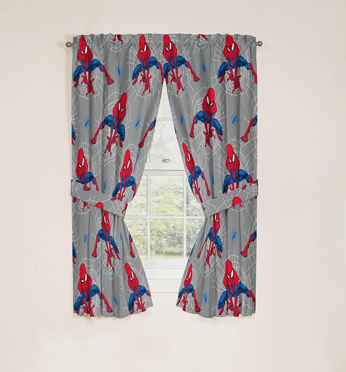 Jay Franco Window Curtains for Kids Bedroom 4-Piece Drape Set with 2 Tiebacks, Grey - Spiderman, 42" W x 63" L (Pack of 2)
