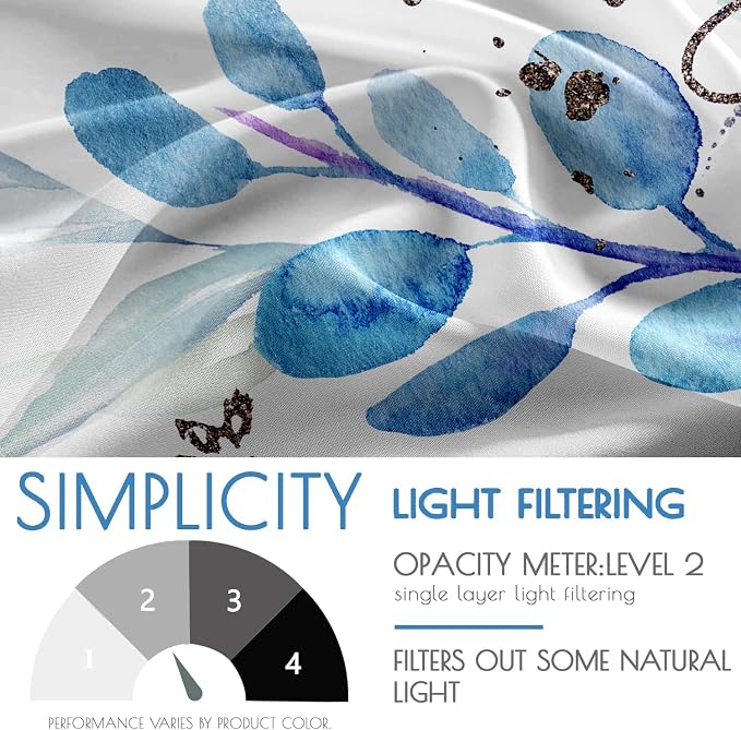 Blue Botanical Curtains 96 Inches Long for Living Room Watercolor Eucalyptus Leaves Light Filtering Curtains Spring Summer Blue and White Drapes for Bedroom Farmhouse Leaf Floral Printed Door Curtain