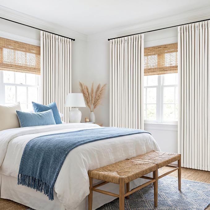 Pinch Pleated Blackout 108 Inch Bedroom Curtains 2 Panels Set Linen Dual Layer Soundproof Farmhouse Window Drapes for Living Room with Back Tab 100% Black Out Window Drapes Ivory Cream Off White