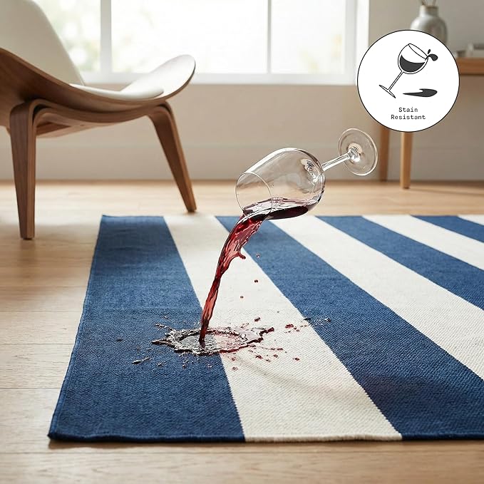 Fab Habitat Machine Washable Area Rug - Hand Woven, Stain Resistant, Pet Friendly - Premium Recycled Polyester Yarn - Stripes - Kitchen, Bathroom, Laundry Room - Nantucket - Blue & White - 3 x 5 ft