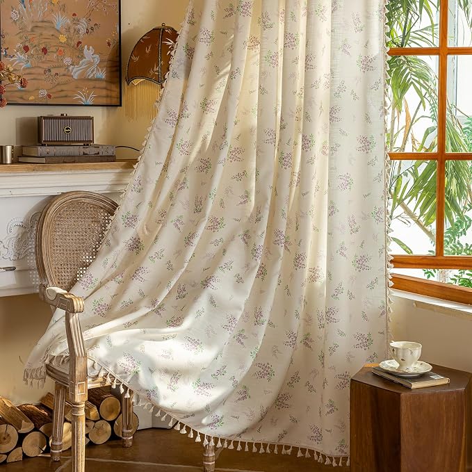 OYX Purple Floral Curtains 84 Inch Length Linen Farmhouse Curtain Rod Pocket Drapes for Living Room Bedroom Light Filtering Vintage Curtains, 2 Panels