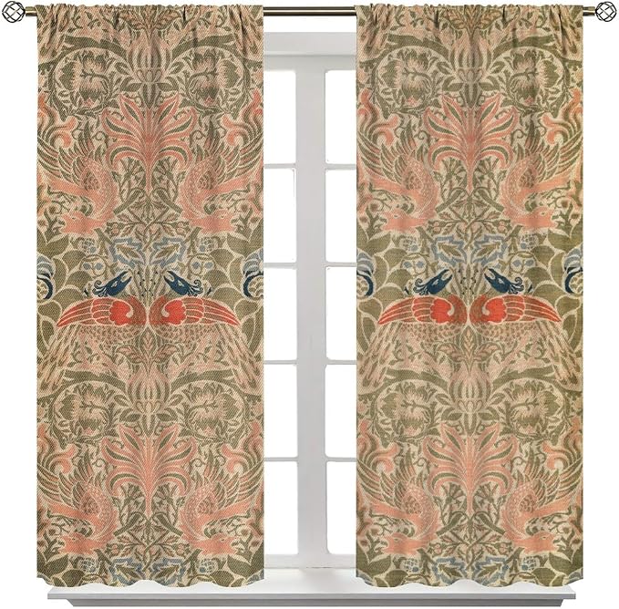 Retro Bohemian William Morris Blackout Window Curtains, Vintage Peacock Abstract Art Pattern Print Window Drapes, for Bedroom Living Room 72x63in