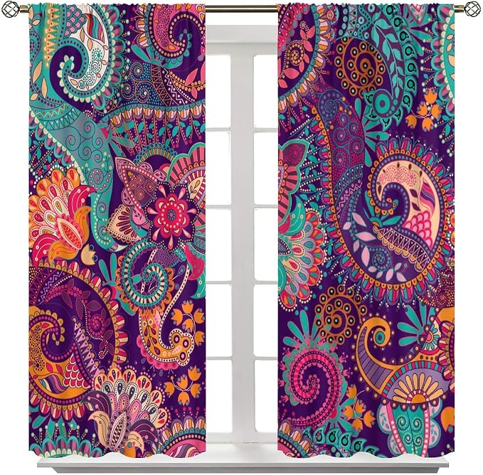 Vintage Bohemian Curtains, Indian Bohemian Mandala Colorful Pattern Blackout Thermal Curtains, Bedroom Living Room Curtains, 2 Panel Set, 72x63 in.