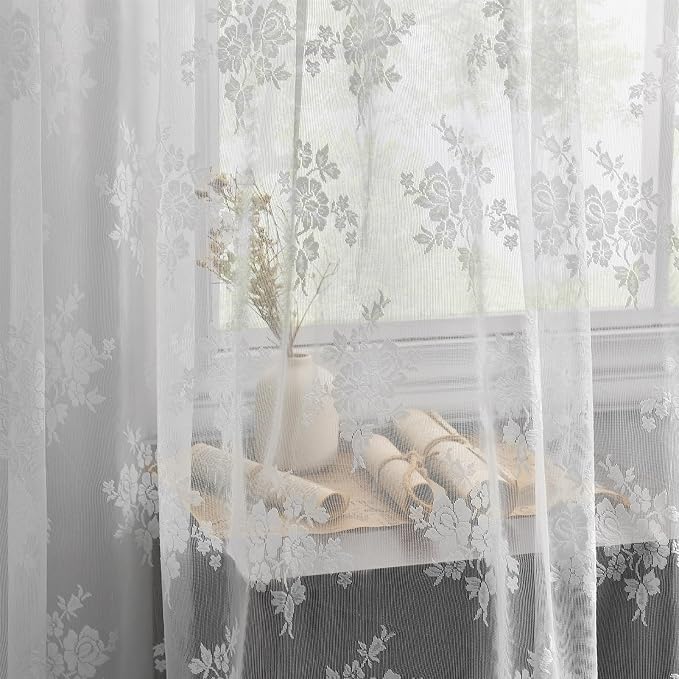 Kotile Short Lace Curtains 30 Inch Length 2 Panels Set, Country Floral Vintage White Lace Kitchen Curtains Over Blinds, Rod Pocket Privacy Sheer Lace Café Curtains for Small Windows, Each 52 x 30 Inch