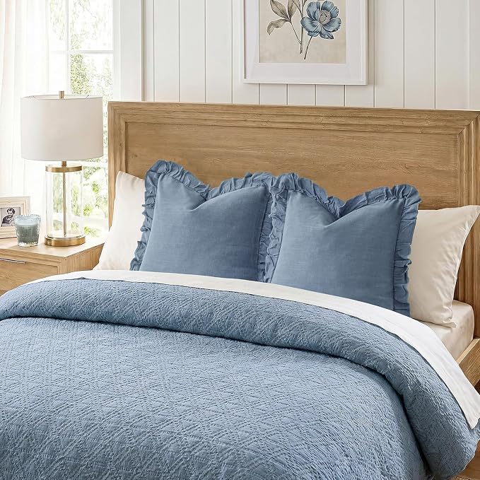 Foindtower Set of 2 Decorative Linen Fringe Ruffle Throw Pillow Covers Soft Boho Farmhouse Cushion Cover Cozy Accent Retro Pillowcase for Couch Sofa Bed Living Room Home Decor,18×18 Inch,Coronet Blue
