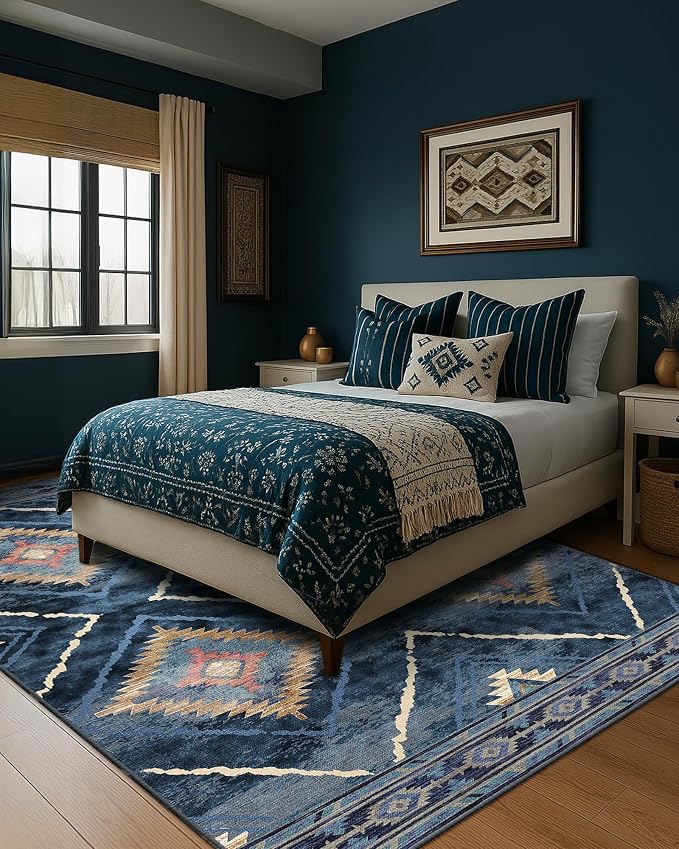 BESTSWEETIE Area Rug 8x10 Rug Machine Washable Non-Slip Low Pile Print Pattern Western Rug for Living Room Bedroom Entryway Tribal Series -Darkblue