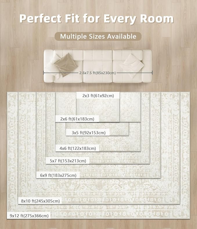 Area Rug 3x5 Entryway Rugs - Machine Washable Vintage Boho Area Rug Non-Slip Kitchen Rugs Soft Stain Resistant Indoor Door Mat, Small Floral Throw Rug for Entrance Hallway Bedroom(Cream Beige, 3'x5')