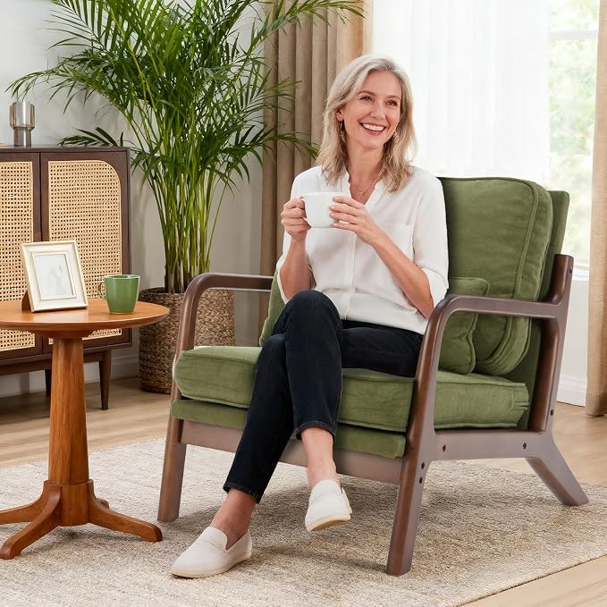 DUMOS Mid Century Modern Accent Chair, Upholstered Low Armchair with Lumbar Pillow and Solid Wooden Frame, Lounge Chair for Small Living Room, Bedroom, Reading Nook, Green